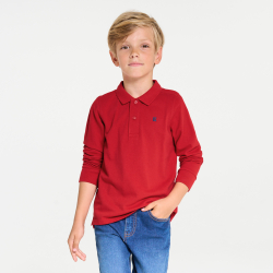 قميص بولو بأكمام طويلة من قماش الجيرسيه المضلع، أحمر اللون، للأولاد